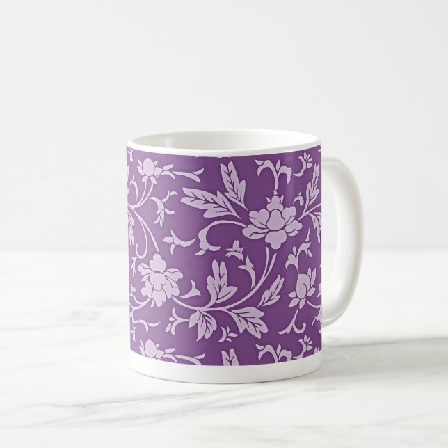 Purple and lavender floral pattern coffee mug (Front Right)