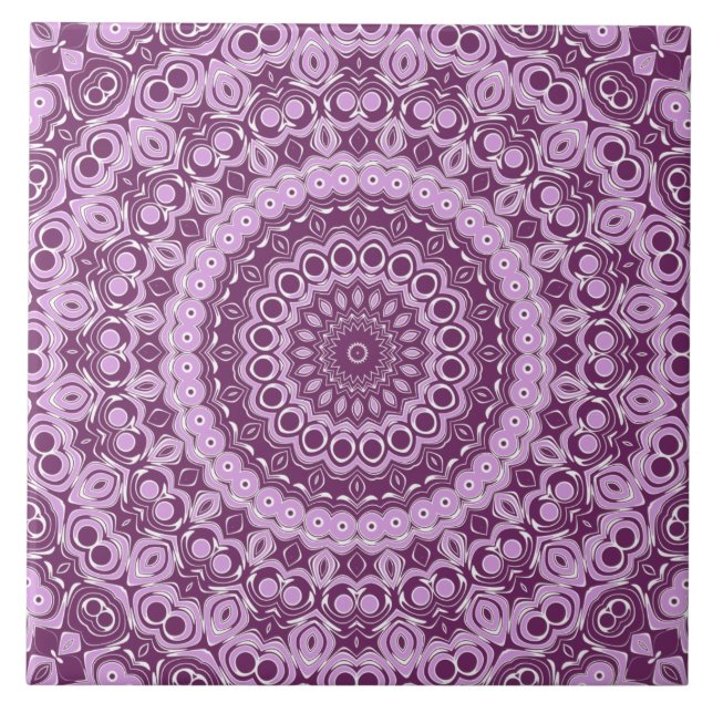 Purple and Lavender Geometric Mandala Pattern Ceramic Tile (Front)