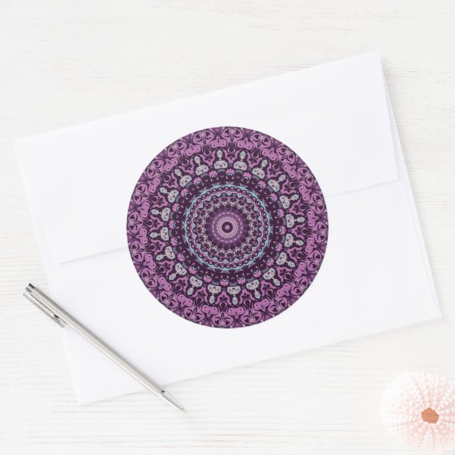 Purple and Lavender Mandala Pattern Design Classic Round Sticker (Envelope)