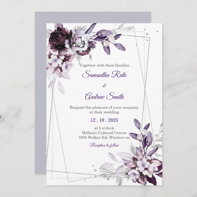 Purple and Lavender Silver Wedding Invitation (Front/Back)
