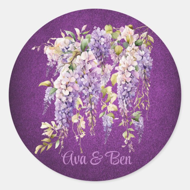 Purple and Lavender Wisteria Wedding Classic Round Sticker (Front)