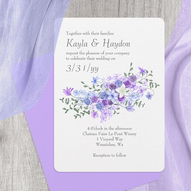 Purple and Light Blue Rose Bouquet Wedding Invitation (Purple and dusty blue wedding invitations, lavender, lilac rose bouquet, leafy green)