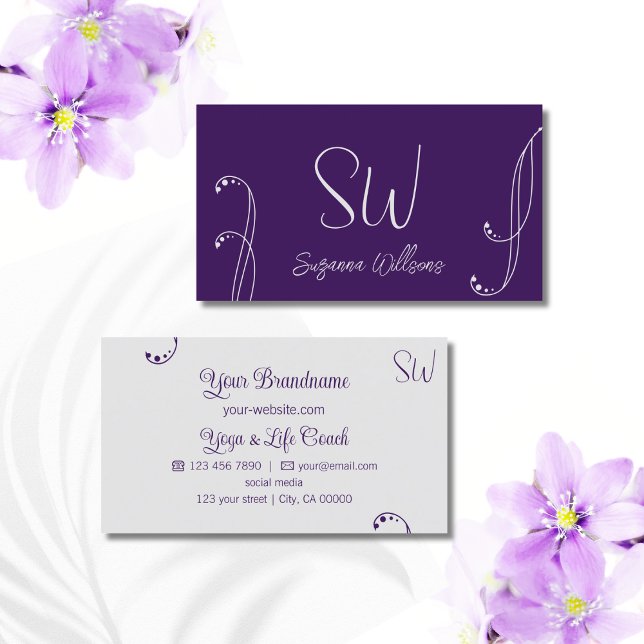 Purple and Light Grey Modern Ornate with Monogram Business Card (Creator Uploaded)