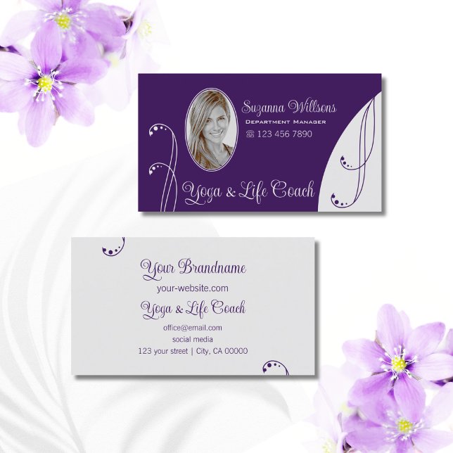 Purple and Light Grey Ornate with Portrait Photo Business Card (Creator Uploaded)