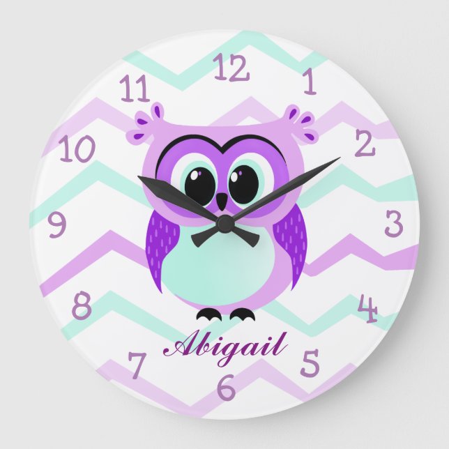 Purple and lilac baby owl cartoon large clock (Front)
