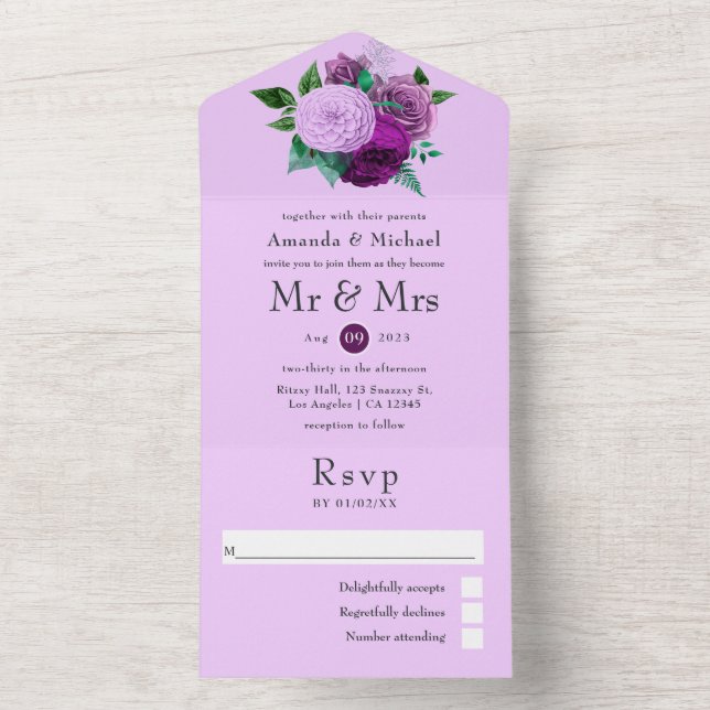 Purple and Lilac Floral Wedding All In One Invitat All In One Invitation (Inside)