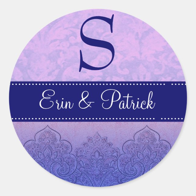 Purple and Lilac Wedding Damask  Monogram C547A Classic Round Sticker (Front)