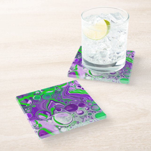 Purple and Lime Green Marble Fluid Art      Glass Coaster (Angled)