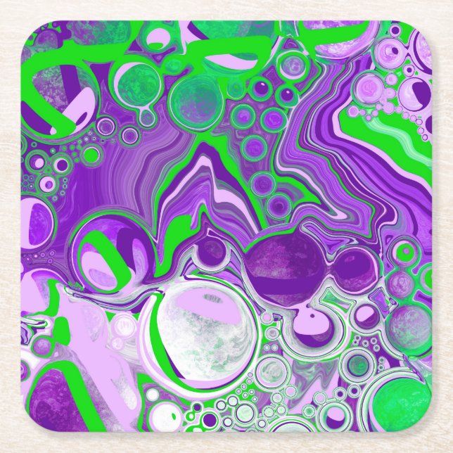 Purple and Lime Green Marble Fluid Art   Square Paper Coaster (Front)