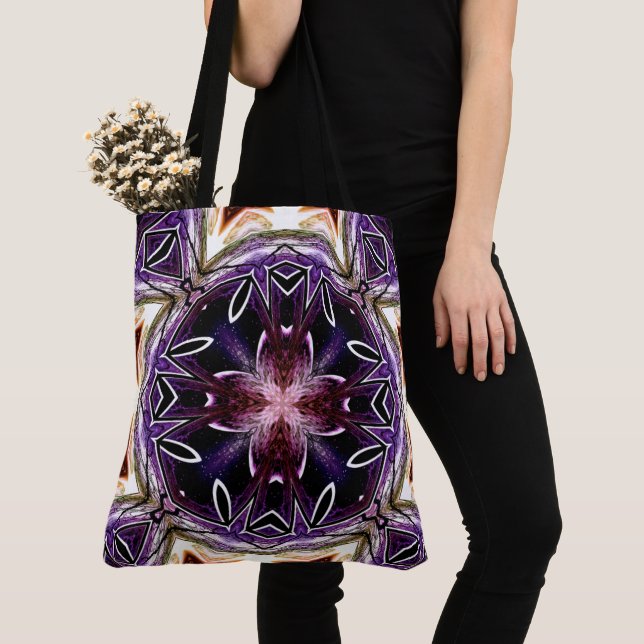 Purple and Magenta Cosmic Kaleidoscope Pattern Tote Bag (Close Up)
