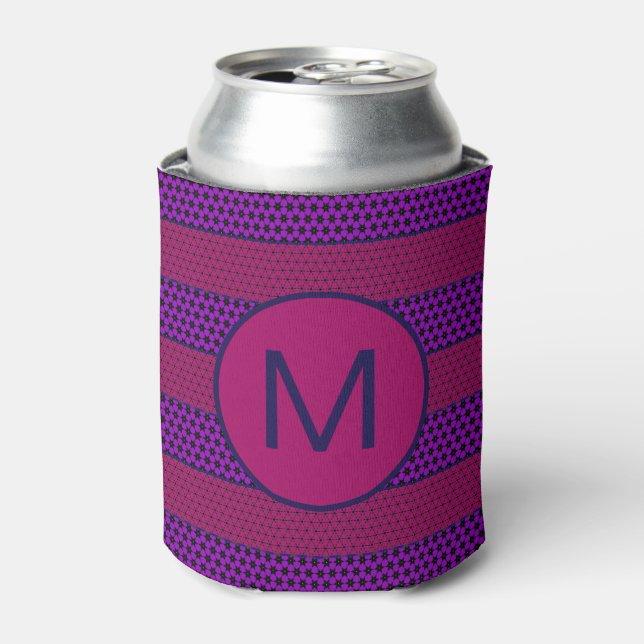 Purple and Magenta Pattern Striped Monogram Can Cooler (Can Front)