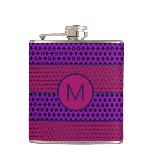 Purple and Magenta Pattern Striped Monogram Hip Flask (Front)