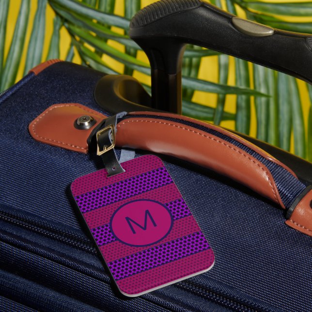 Purple and Magenta Pattern Striped Monogram Luggage Tag (Front Insitu 1)