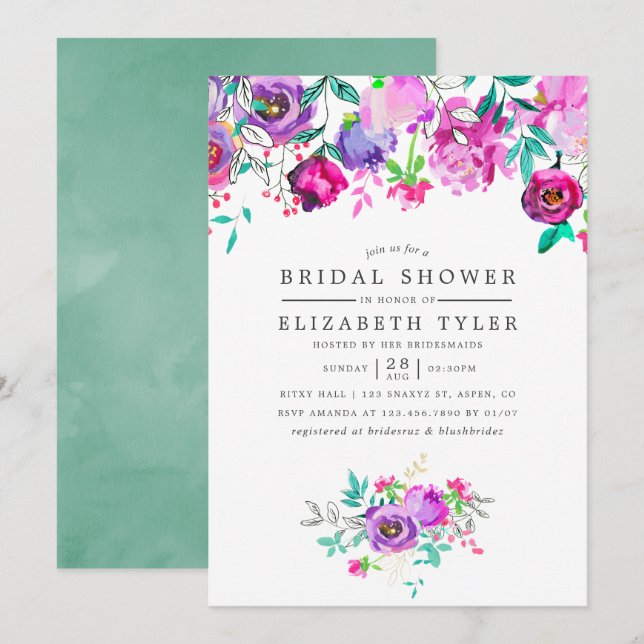 Purple and Mint Floral Bridal Shower Invitation (Front/Back)