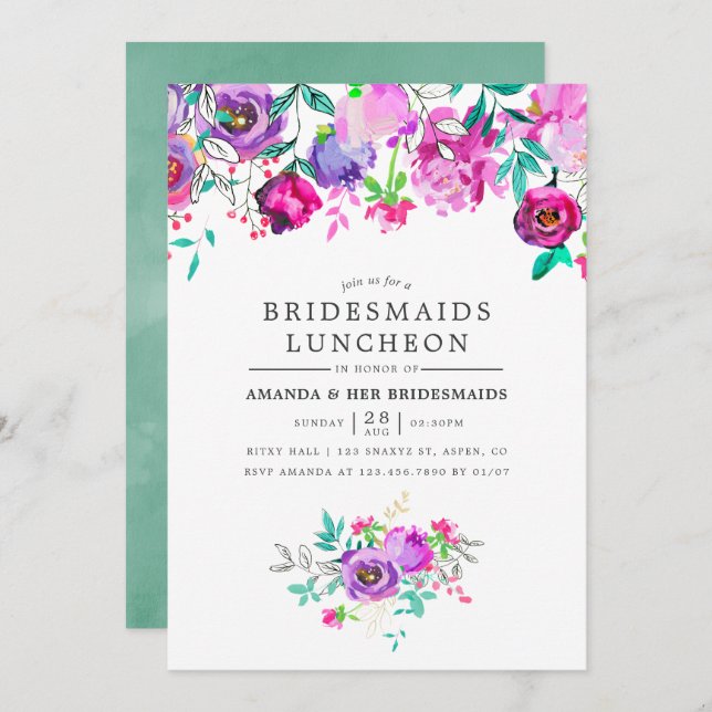 Purple and Mint Floral Bridesmaids Luncheon invite (Front/Back)