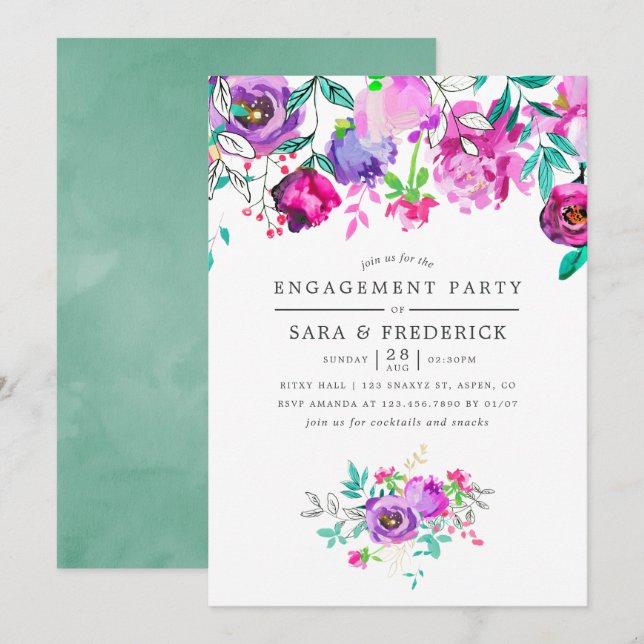 Purple and Mint Floral Engagement Party invitation (Front/Back)