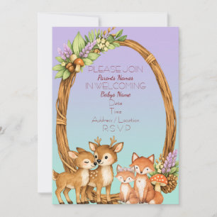 Purple and Mint Woodland Baby Shower Invite