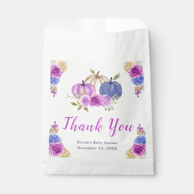 Purple and Navy Blue Floral Pumpkins Baby Shower Favour Bag (Front)