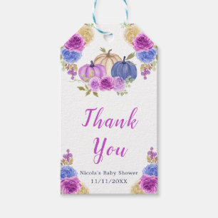 Purple and Navy Blue Floral Pumpkins Baby Shower Gift Tags