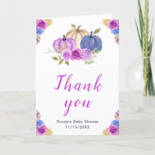 Purple and Navy Blue Floral Pumpkins Baby Shower Thank You Card