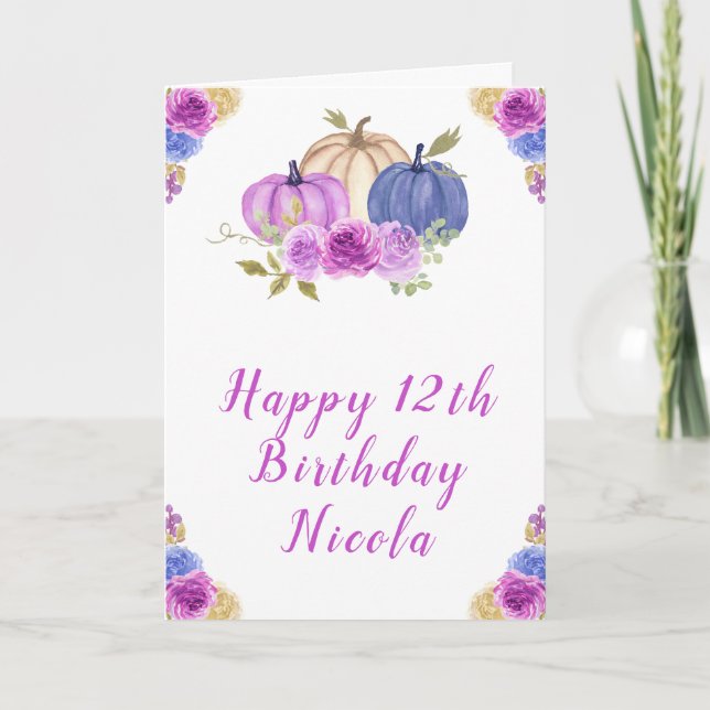 Purple and Navy Blue Floral Pumpkins Birthday Card (Front)