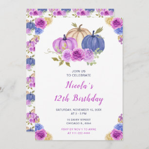 Purple and Navy Blue Floral Pumpkins Birthday Invitation