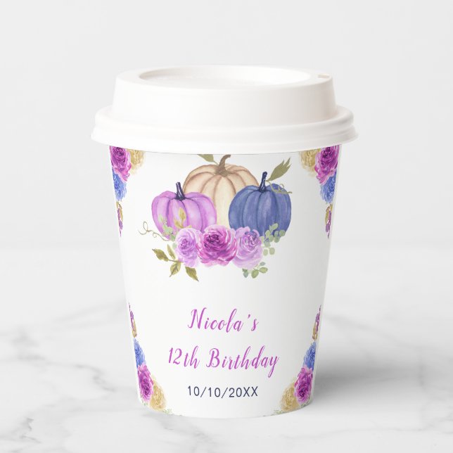 Purple and Navy Blue Floral Pumpkins Birthday Paper Cups (Front)