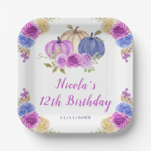 Purple and Navy Blue Floral Pumpkins Birthday Paper Plate