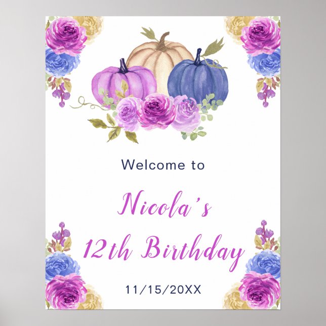 Purple and Navy Blue Floral Pumpkins Birthday Poster (Front)