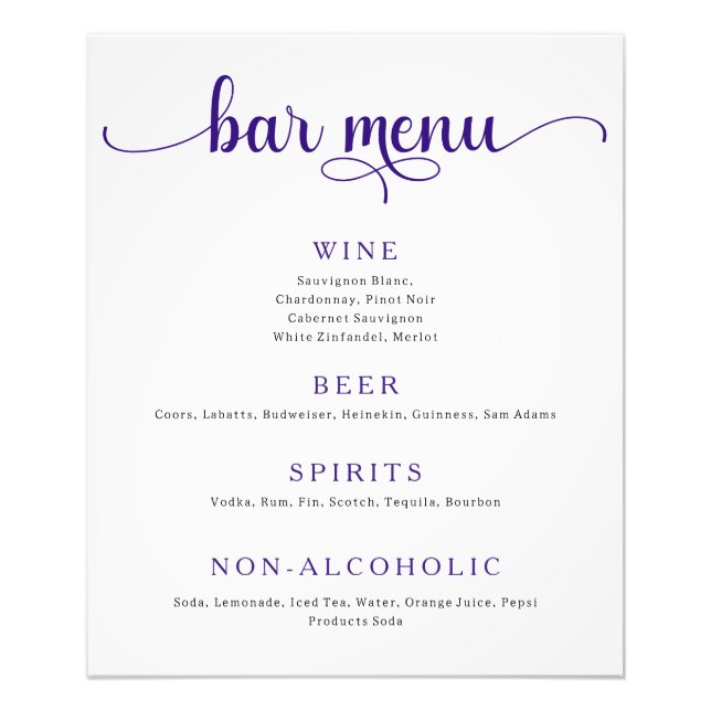 Purple and Off White Wedding Bar Menu Poster (Front)