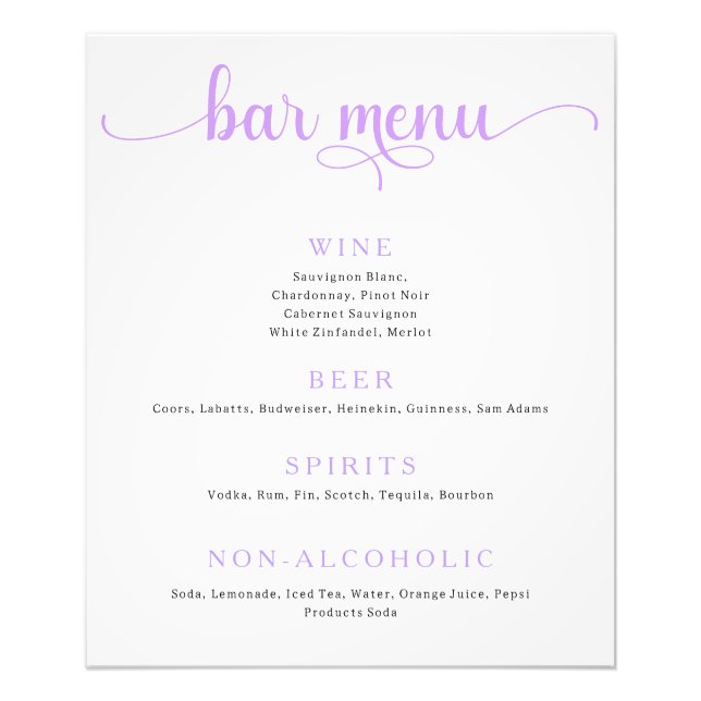 Purple and Off White Wedding Bar Menu Poster (Front)