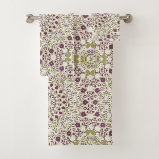 Purple and Olive Geometric Mandala Pattern Bath Towel Set (Insitu)