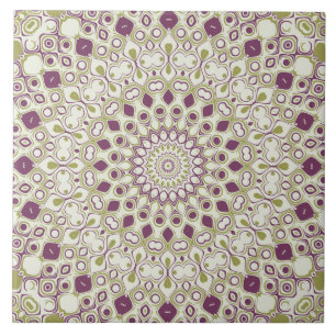 Purple and Olive Geometric Mandala Pattern Ceramic Tile