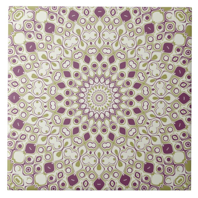 Purple and Olive Geometric Mandala Pattern Ceramic Tile (Front)