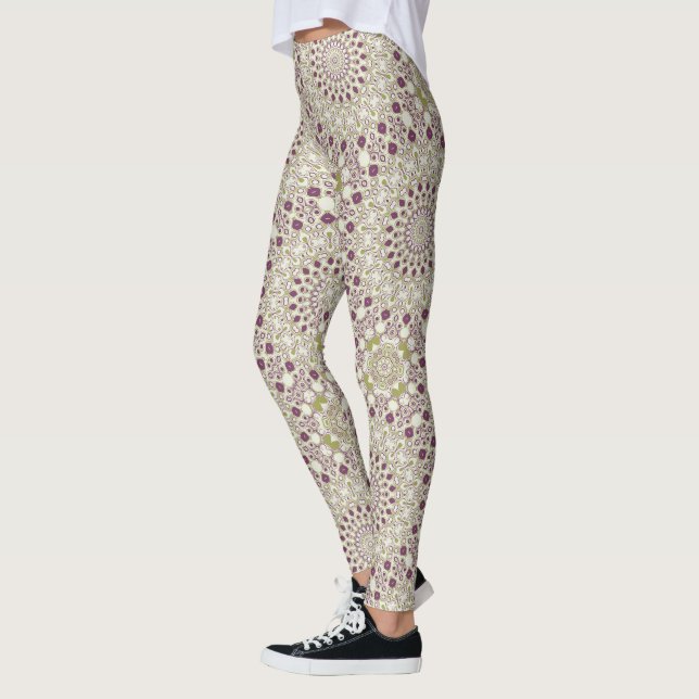 Purple and Olive Geometric Mandala Pattern Leggings (Left)