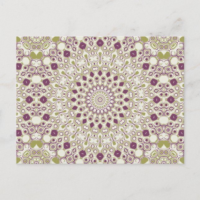Purple and Olive Geometric Mandala Pattern Postcard (Front)