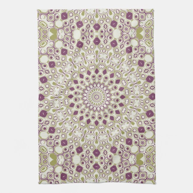 Purple and Olive Geometric Mandala Pattern Tea Towel (Vertical)