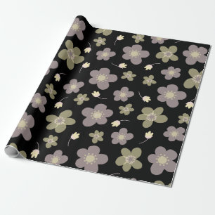 Purple and Olive Green Buttercups Floral on Black Wrapping Paper