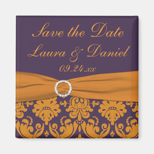 Purple and Orange Damask Save the Date Magnet (Front)
