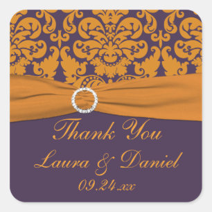 Purple and Orange Damask Wedding Favour Sticker