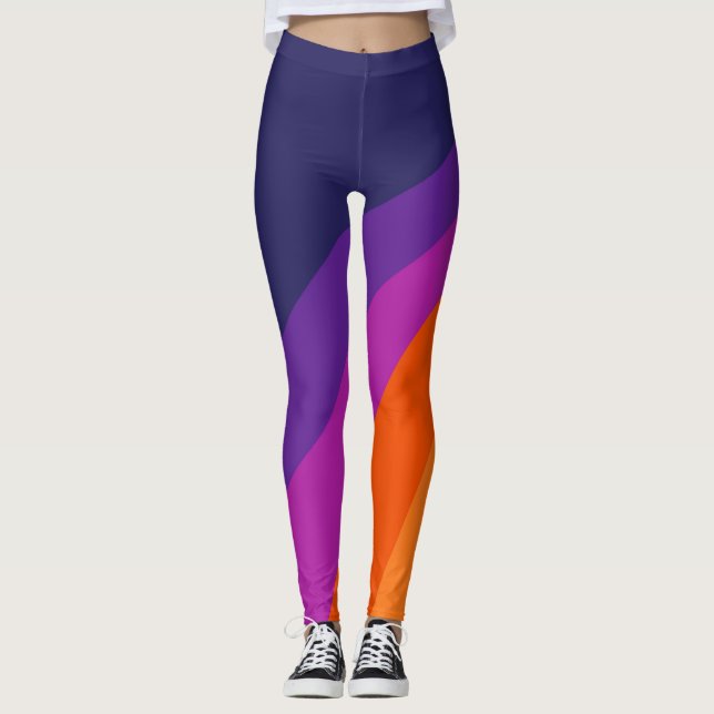 Purple and orange diagonal retro stripes leggings (Front)