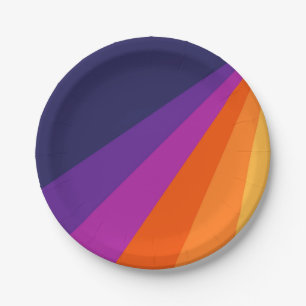 Purple and orange diagonal retro stripes paper plate