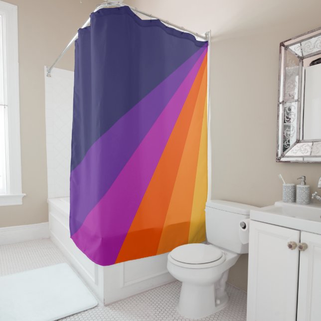 Purple and orange diagonal retro stripes shower curtain (In Situ)