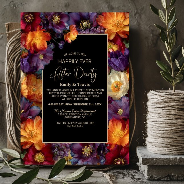 Purple and Orange Floral Black Wedding After Party Invitation (Creator Uploaded)