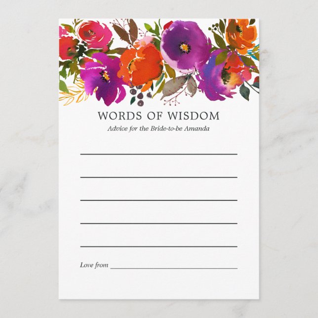 Purple and Orange Floral Bridal Shower Advice Card (Front)