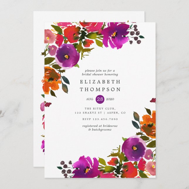 Purple and Orange Floral Bridal Shower Invitation (Front/Back)
