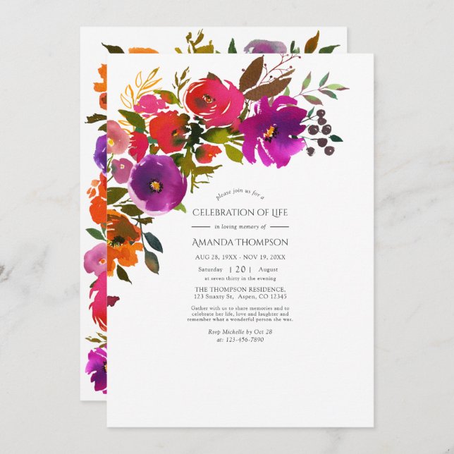 Purple and Orange Floral Celebration of Life Photo Invitation (Front/Back)