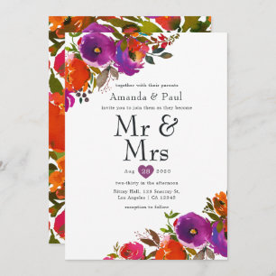 Purple and Orange Floral Mr and Mrs Wedding Invitation