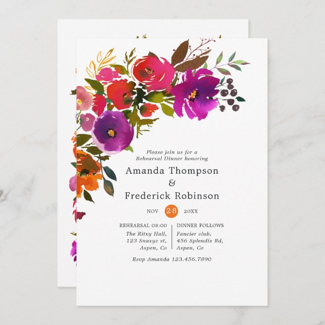 Purple and Orange Floral Rehearsal Dinner Invitation (Front/Back)