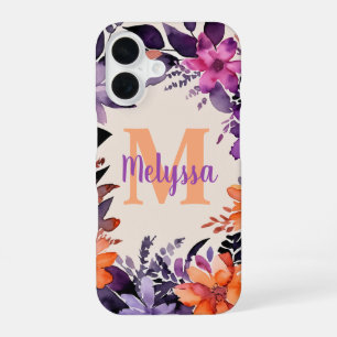 Purple and Orange Floral Watercolor Monogram Name iPhone 16 Case